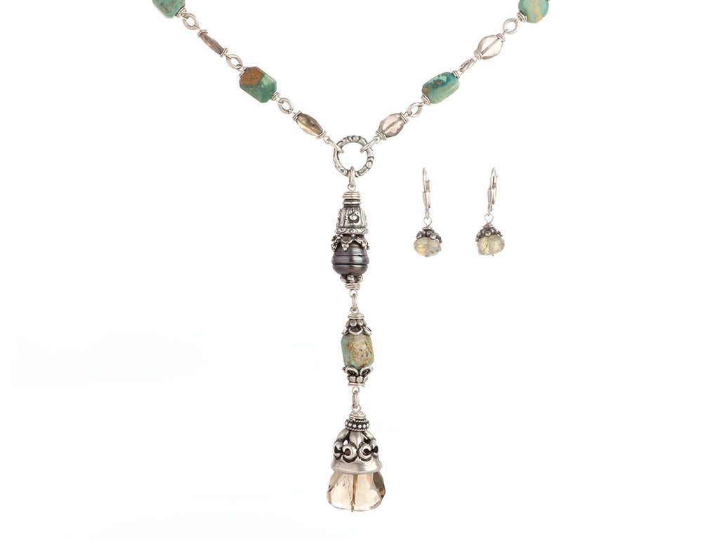 Alana Leigh Sterling Silver Pearl and Turquoise Lariat Necklace and Labradorite Earrings