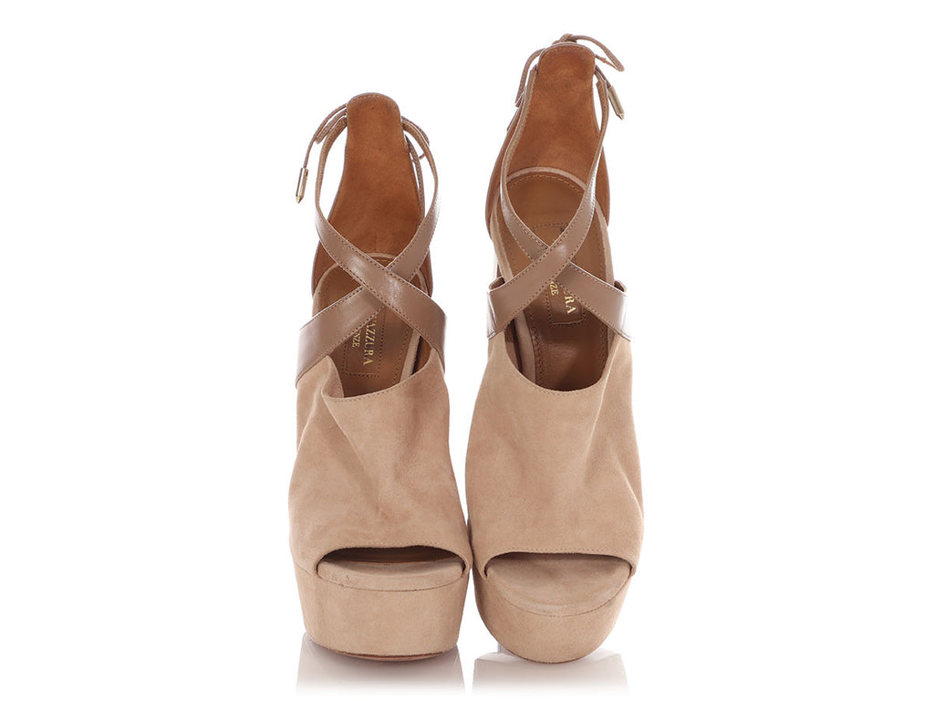 Aquazurra Beige Suede Peep-Toe Pumps