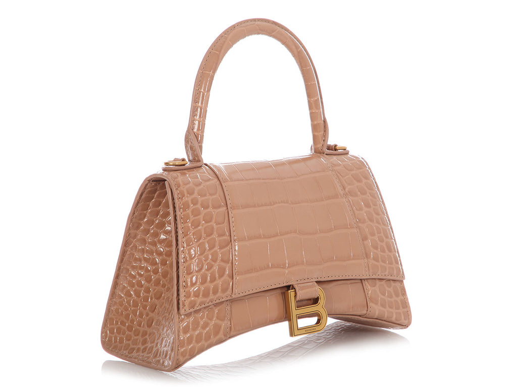 Balenciaga Small Beige Crocodile Embossed Hourglass Bag