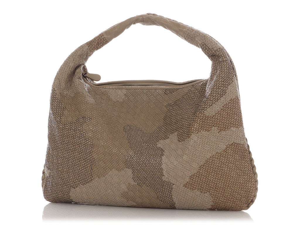 Bottega Veneta Medium Beige Camo Embroidered Veneta Hobo