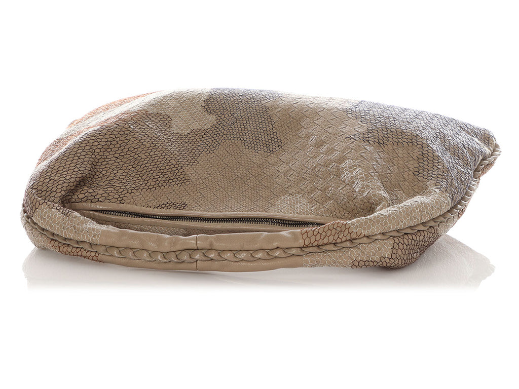 Bottega Veneta Medium Beige Camo Embroidered Veneta Hobo