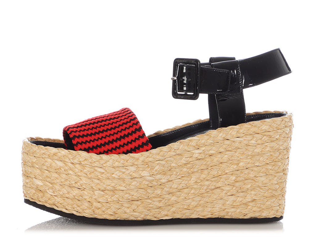 Céline Red Fabric and Black Patent Espadrille Sandals