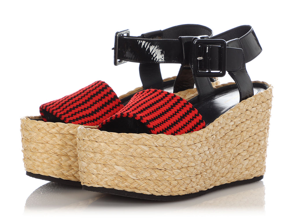 Céline Red Fabric and Black Patent Espadrille Sandals