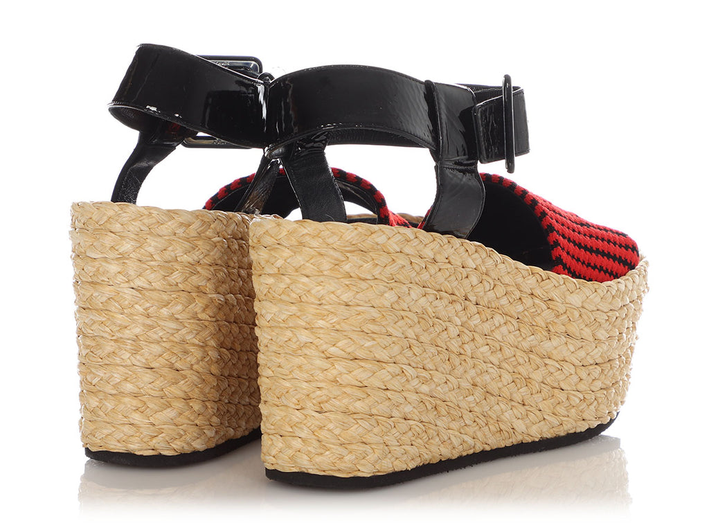 Céline Red Fabric and Black Patent Espadrille Sandals