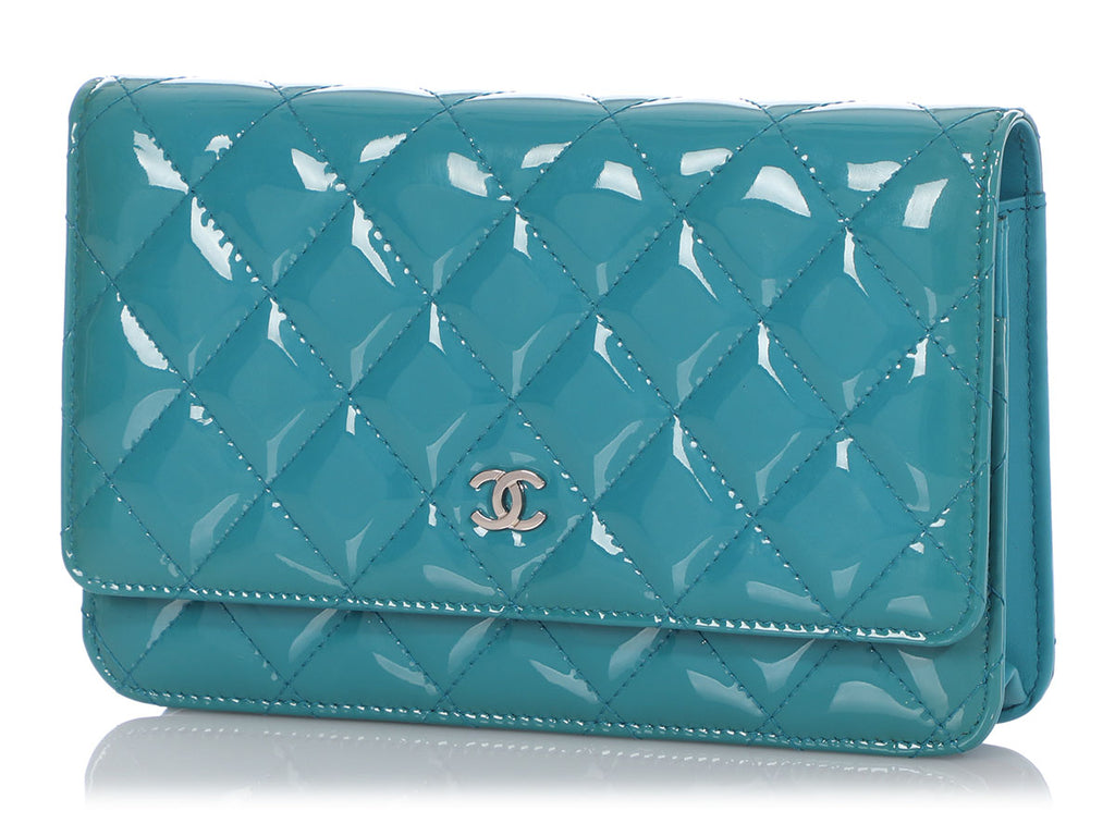 Chanel Teal Quilted Patent Wallet on a Chain WOC