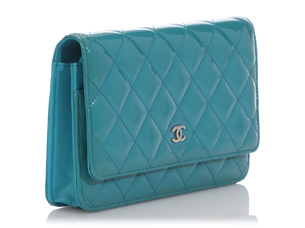 Chanel Teal Quilted Patent Wallet on a Chain WOC