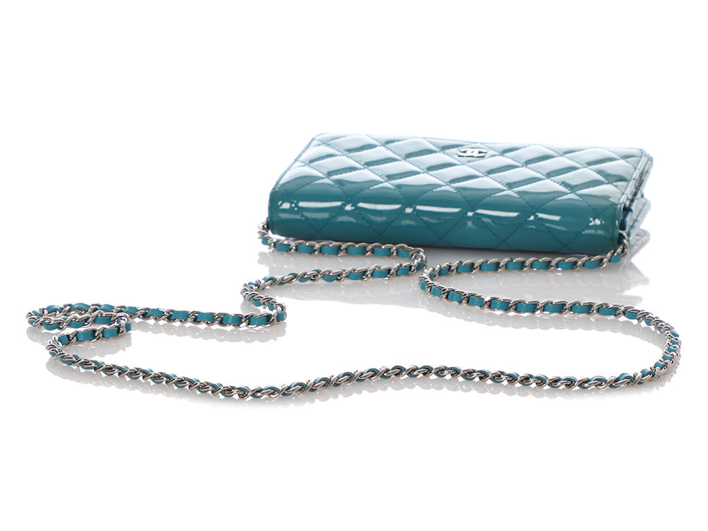 Chanel Teal Quilted Patent Wallet on a Chain WOC