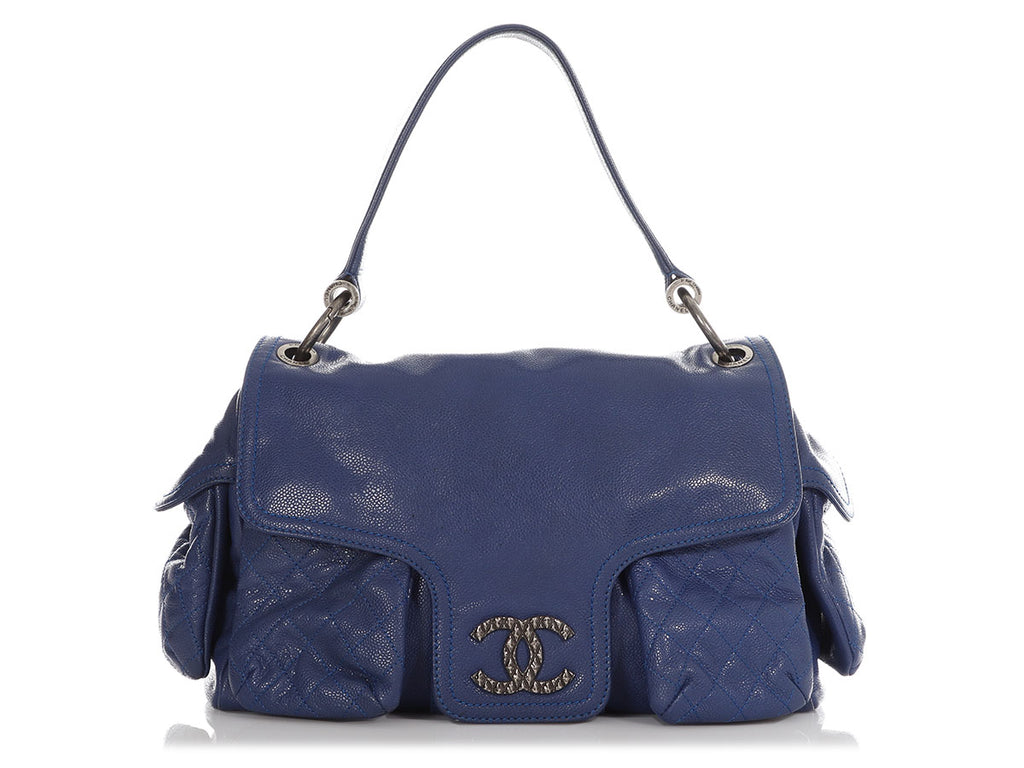 Chanel Large Blue Part-Quilted Shiny Caviar Flap