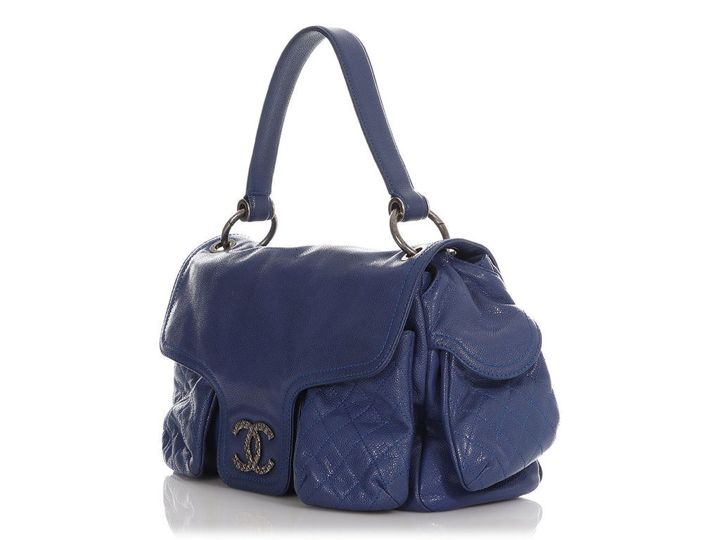 Chanel Large Blue Part-Quilted Shiny Caviar Flap