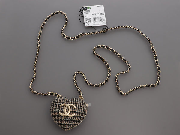 Chanel Black and Beige Tweed Heart Locket Necklace