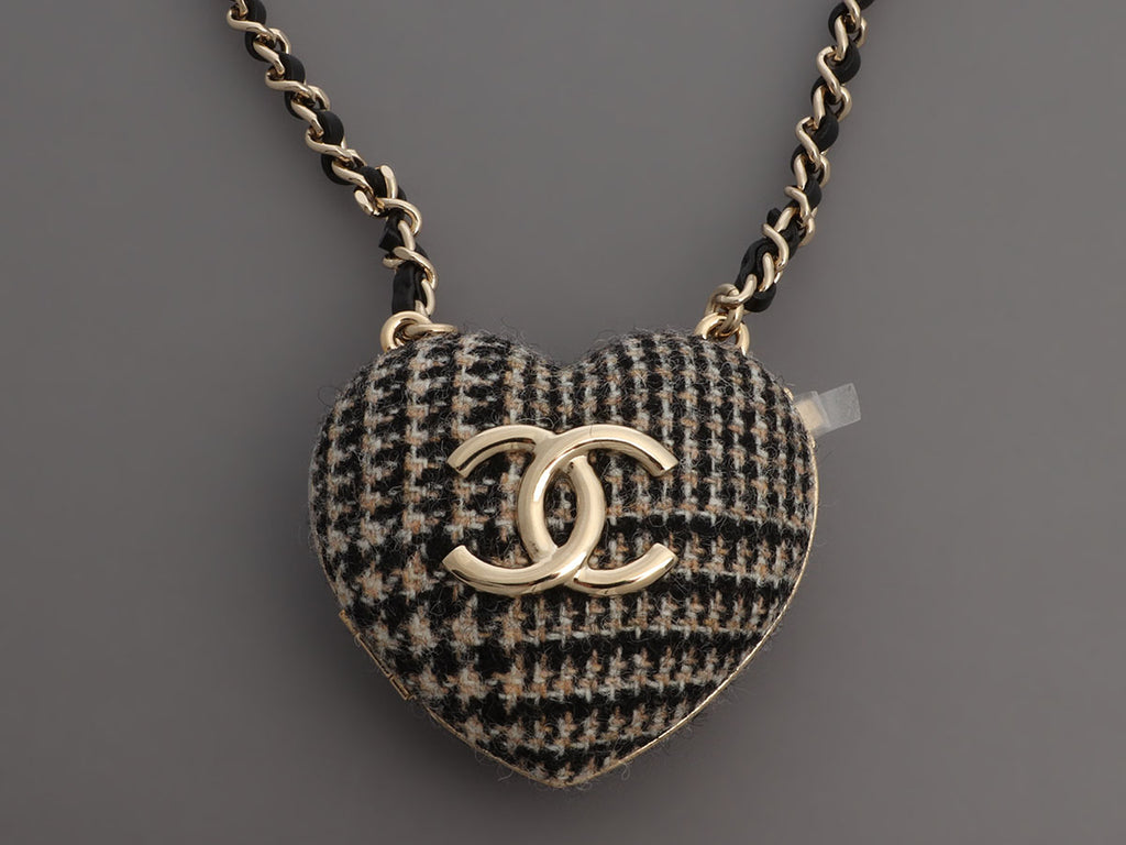 Chanel Black and Beige Tweed Heart Locket Necklace