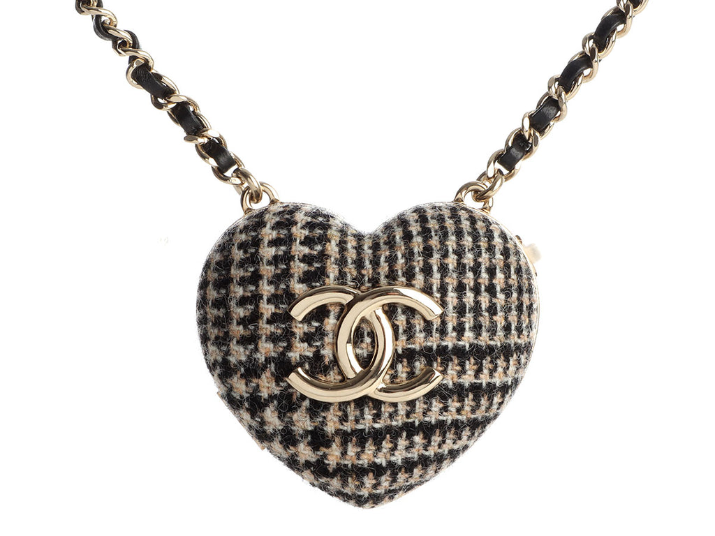 Chanel Black and Beige Tweed Heart Locket Necklace