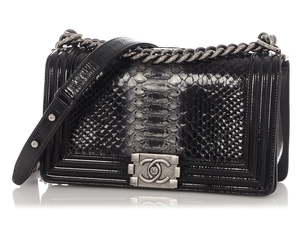 Chanel Old Medium Black Patent Python Boy