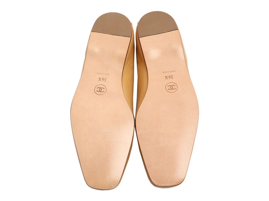 Chanel Camel Wood Logo Loafers