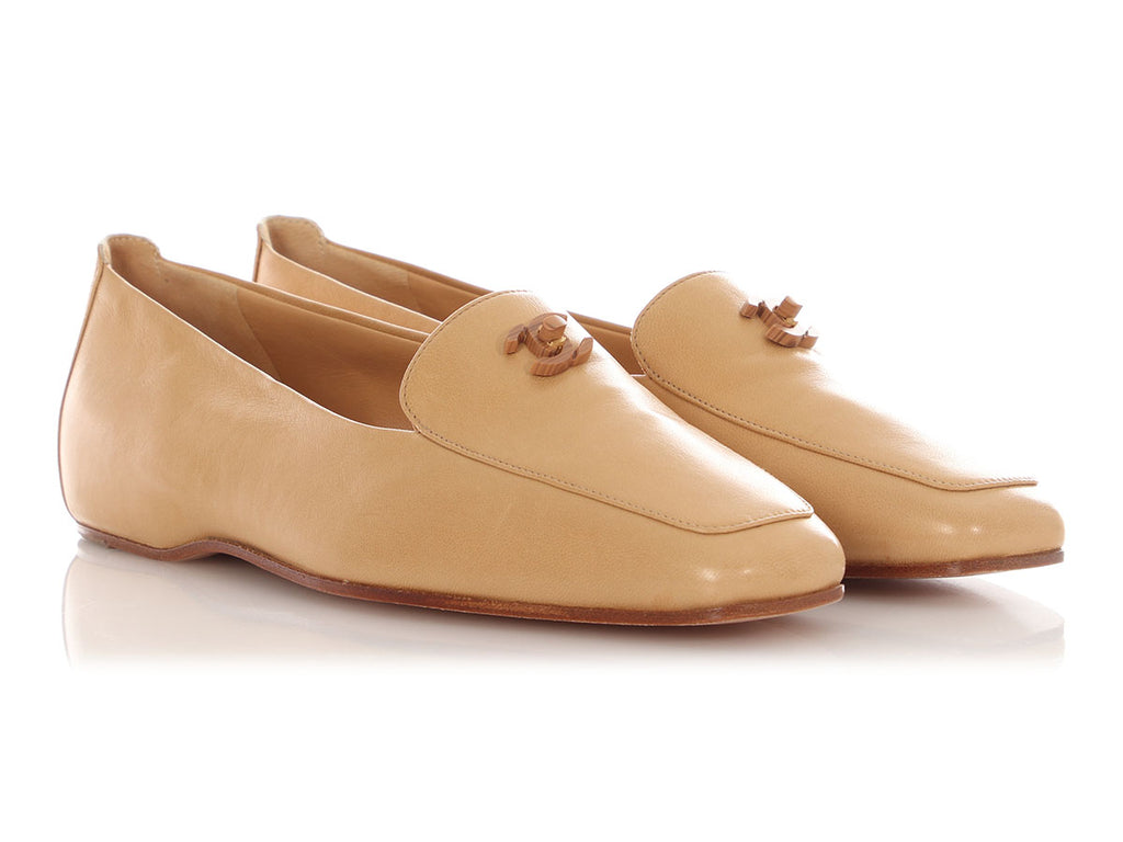 Chanel Camel Wood Logo Loafers