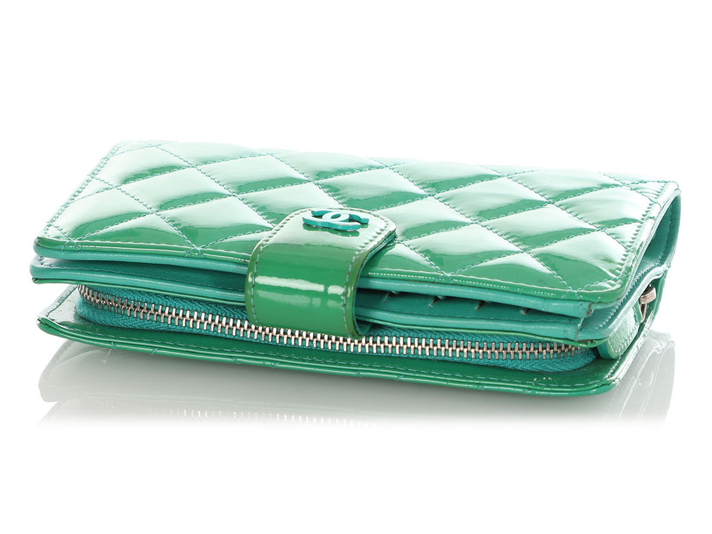 Chanel Green Quilted Patent L-Zip Pocket Wallet