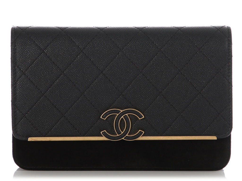 Chanel Black Quilted Caviar and Suede Leather Wallet on Chain WOC
