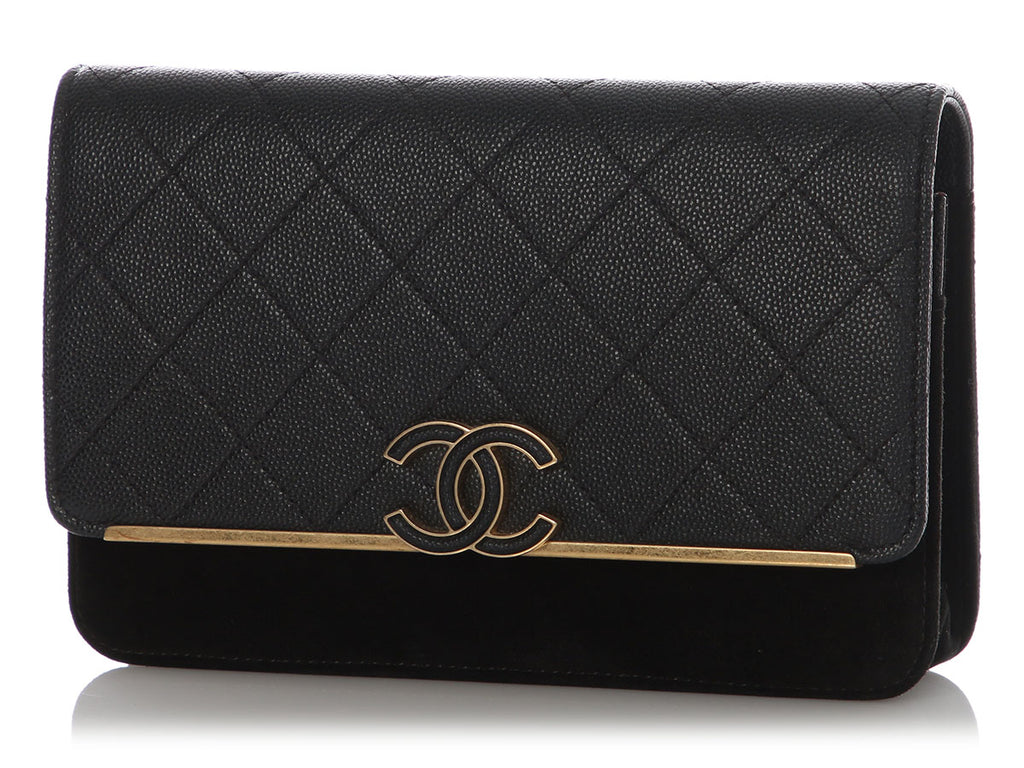 Chanel Black Quilted Caviar and Suede Leather Wallet on Chain WOC
