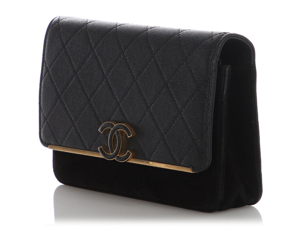 Chanel Black Quilted Caviar and Suede Leather Wallet on Chain WOC