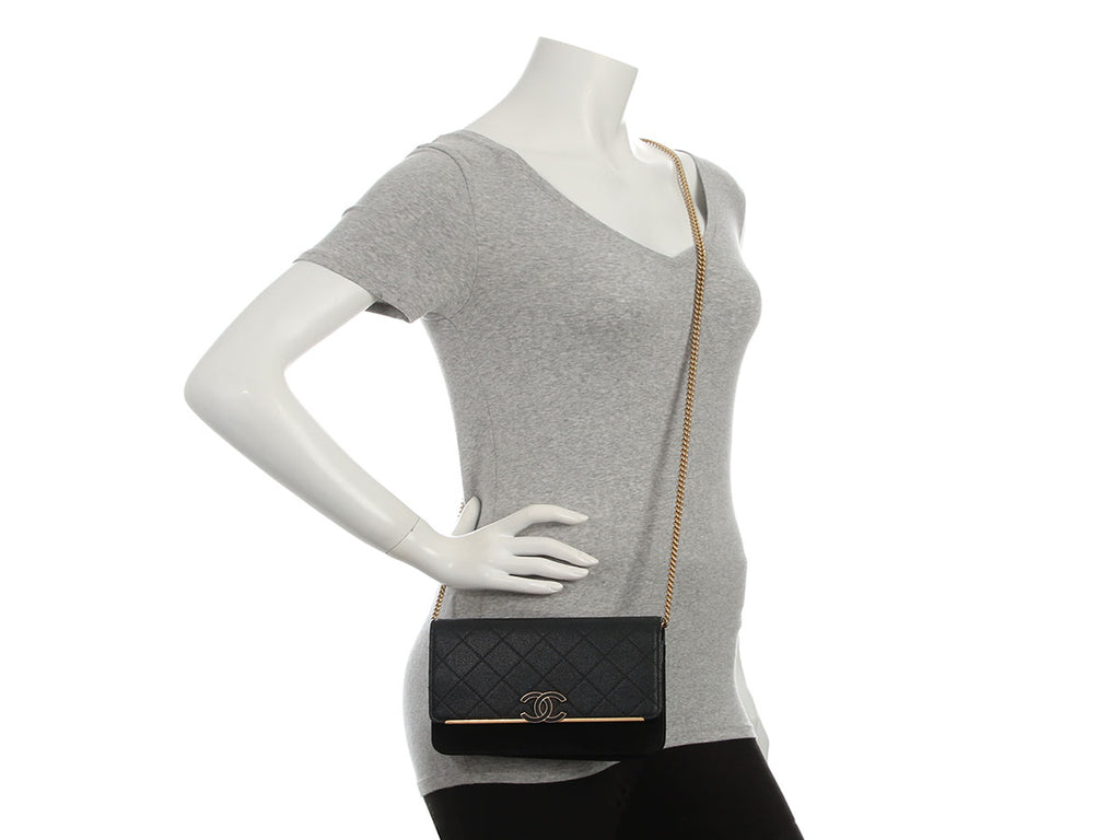 Chanel Black Quilted Caviar and Suede Leather Wallet on Chain WOC