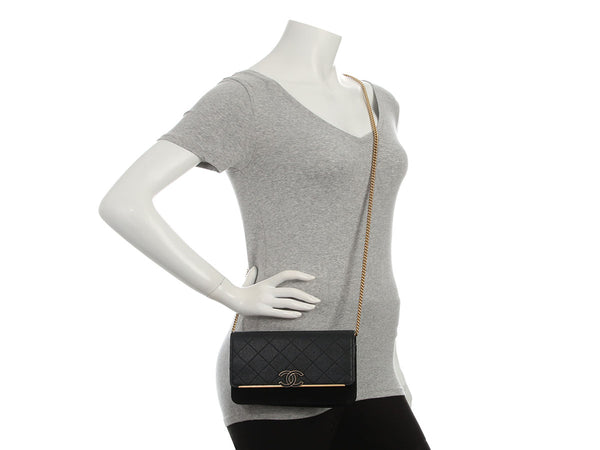 Chanel Black Quilted Caviar and Suede Leather Wallet on Chain WOC