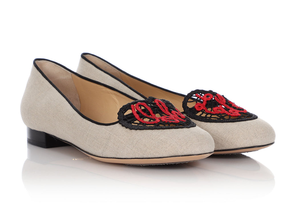 Charlotte Olympia Beige Linen Ooh La La! Crochet Heart Flats