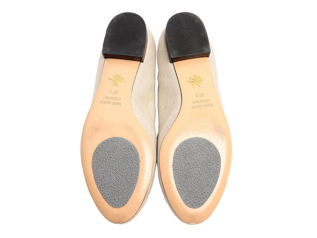 Charlotte Olympia Beige Linen Ooh La La! Crochet Heart Flats