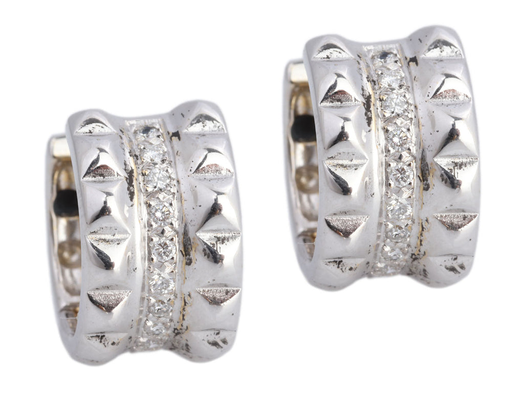 Wide 14K White Gold Diamond-Studded Huggies Pierced Earrings