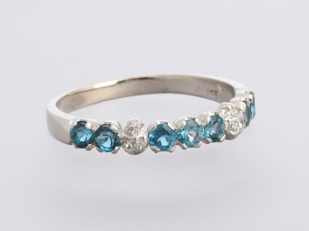 14K White Gold Blue Topaz and Diamond Tiny Skull Band