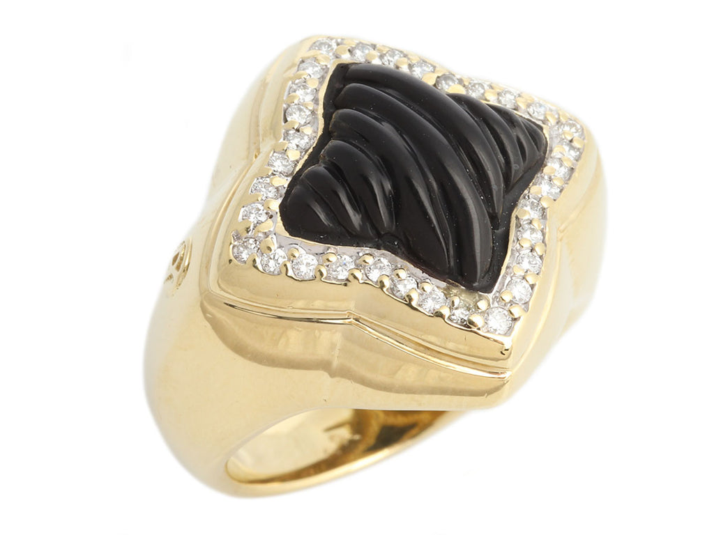 David Yurman 18K Yellow Gold Black Onyx and Diamond Quatrefoil Ring