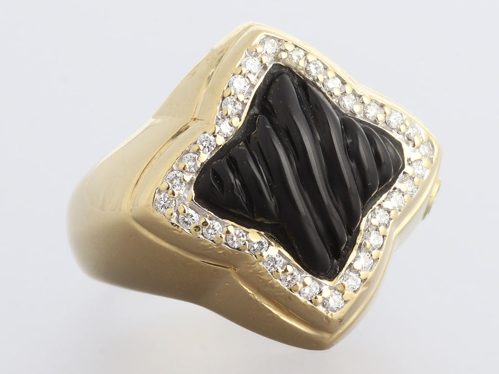 David Yurman 18K Yellow Gold Black Onyx and Diamond Quatrefoil Ring