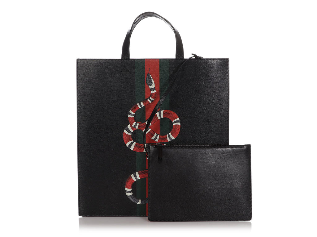 Gucci Black Leather Kingsnake Print Tote