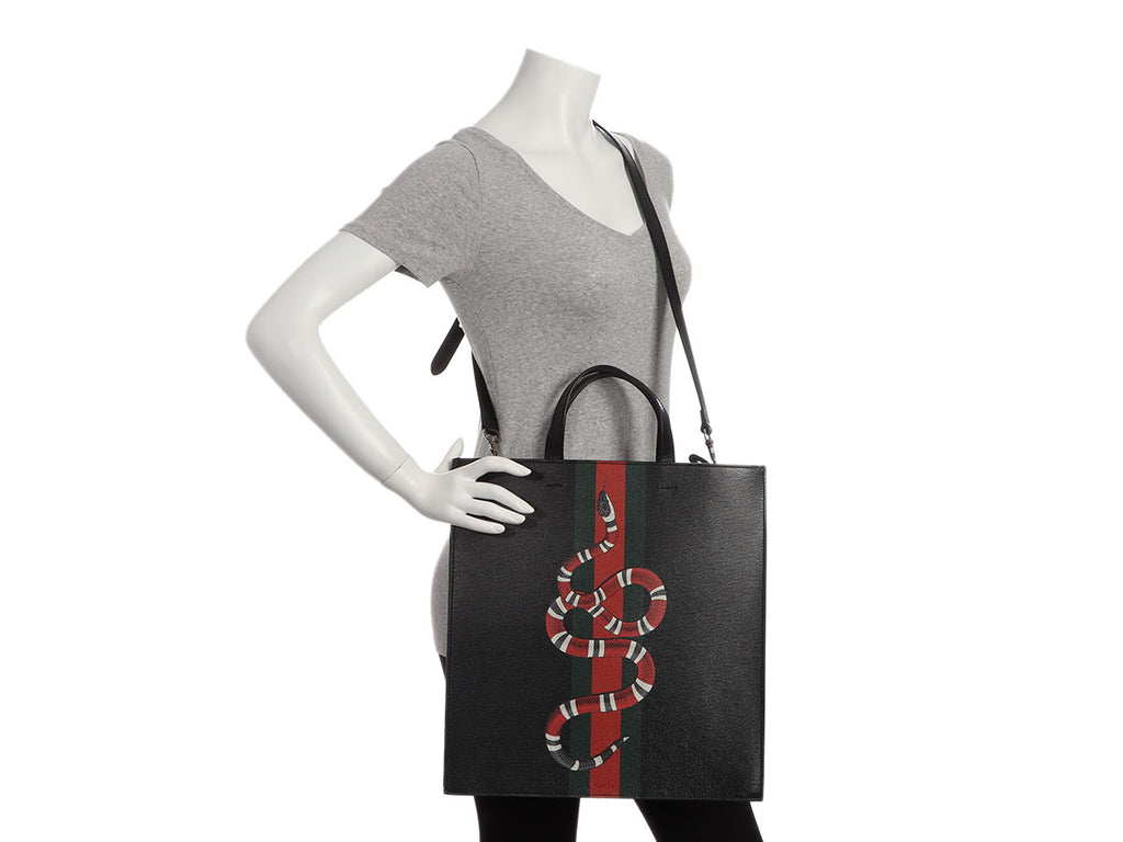 Gucci Black Leather Kingsnake Print Tote