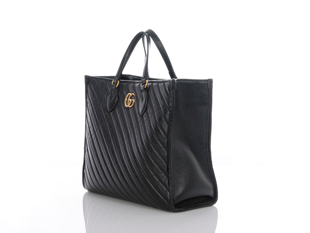 Gucci Black Matelassé Diagonal GG Marmont Tote