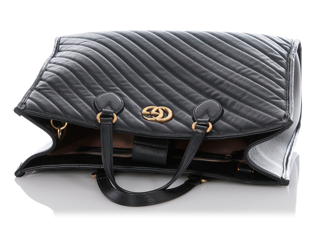 Gucci Black Matelassé Diagonal GG Marmont Tote