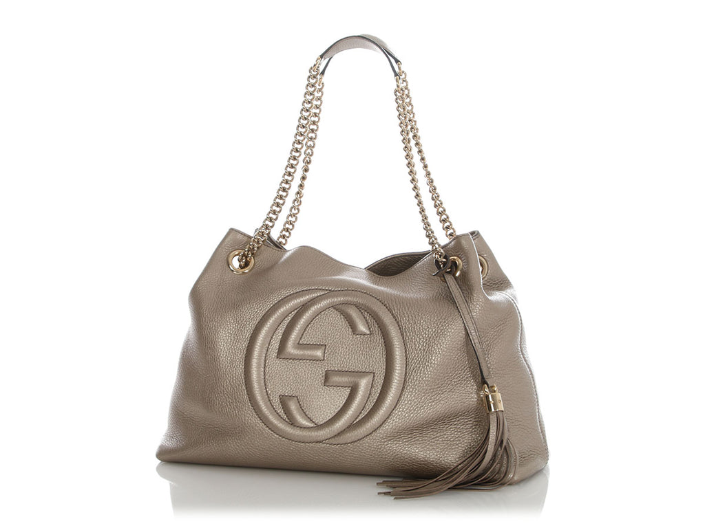 Gucci Metallic Champagne Pebbled Calfskin Soho Shoulder Bag