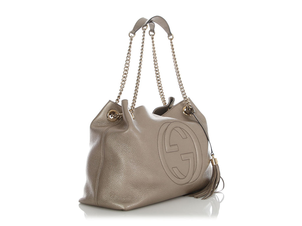 Gucci Metallic Champagne Pebbled Calfskin Soho Shoulder Bag