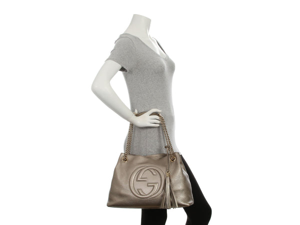 Gucci Metallic Champagne Pebbled Calfskin Soho Shoulder Bag