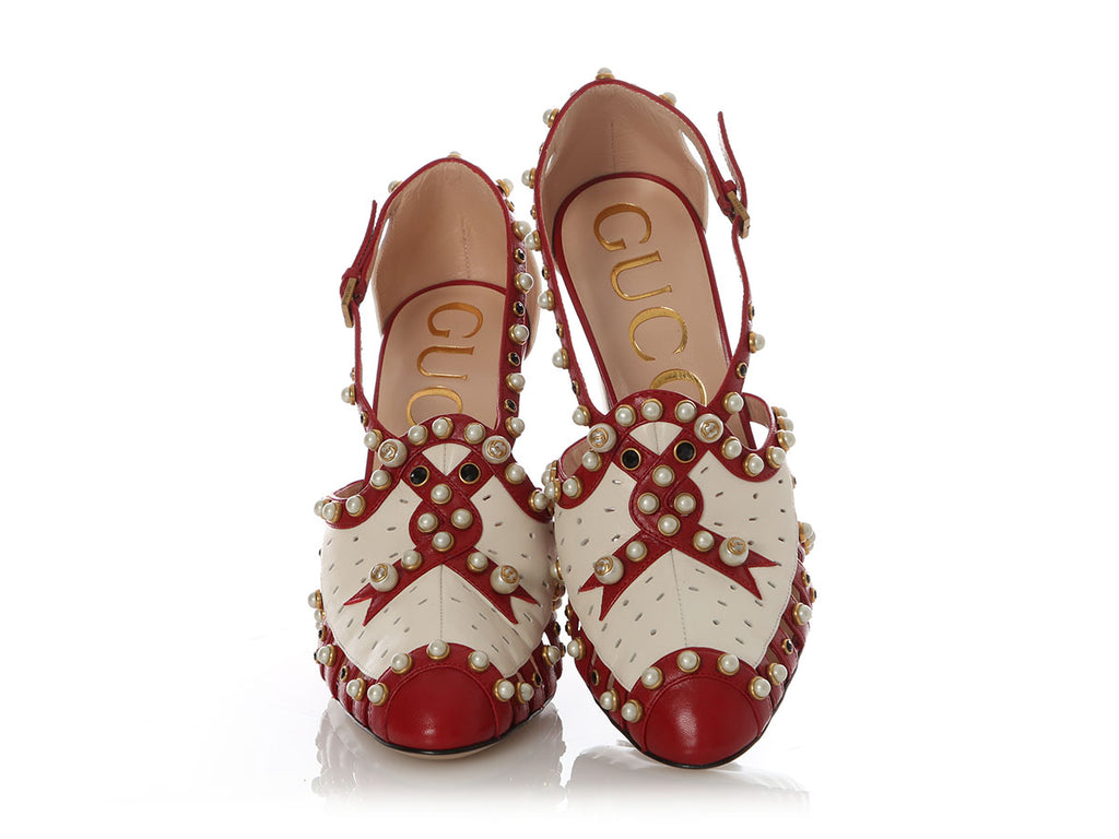 Gucci Cream and Red Pearl-Studded Tracy Pumps