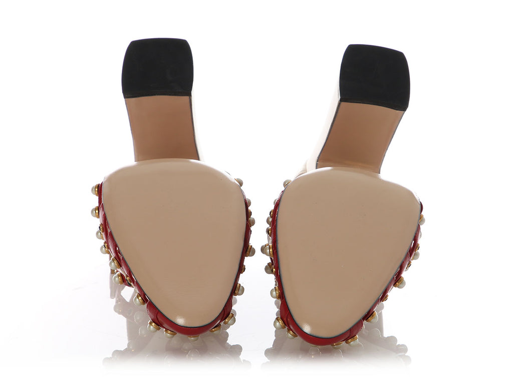 Gucci Cream and Red Pearl-Studded Tracy Pumps