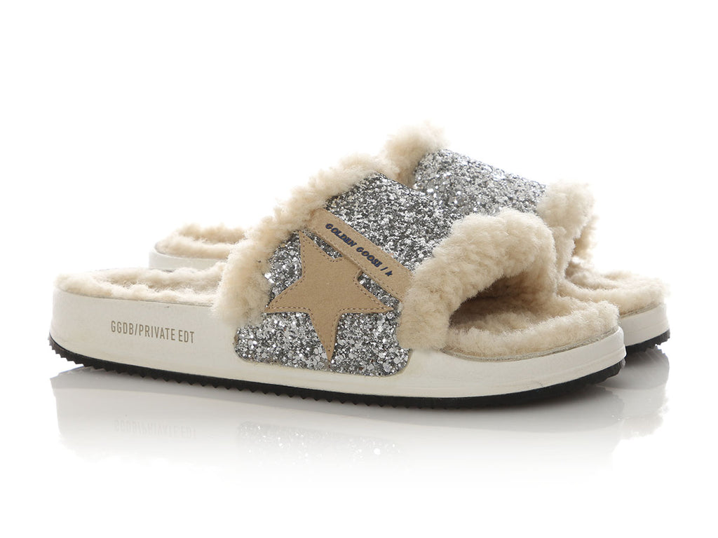 Golden Goose Shearling and Glitter Poolstar Slide Sandals