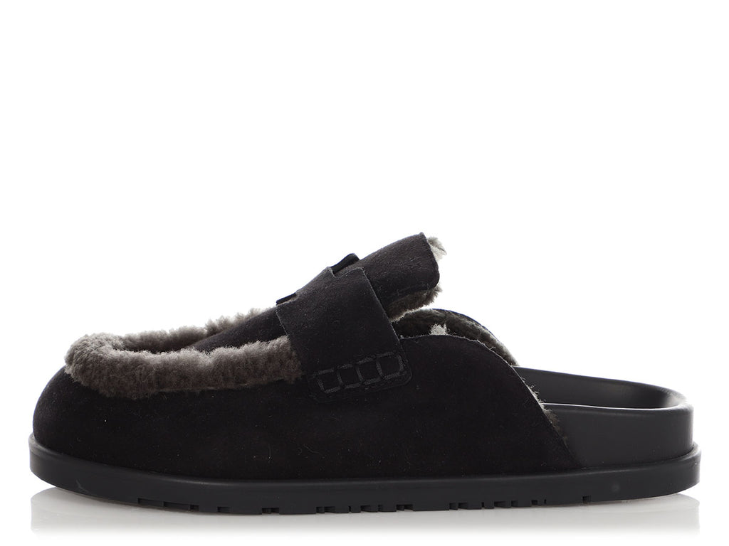 Hermès Black Shearling Go Mules