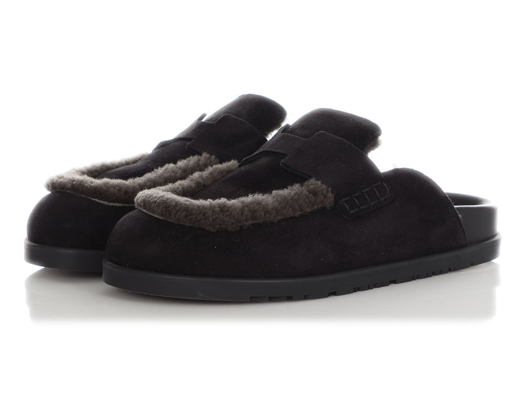 Hermès Black Shearling Go Mules