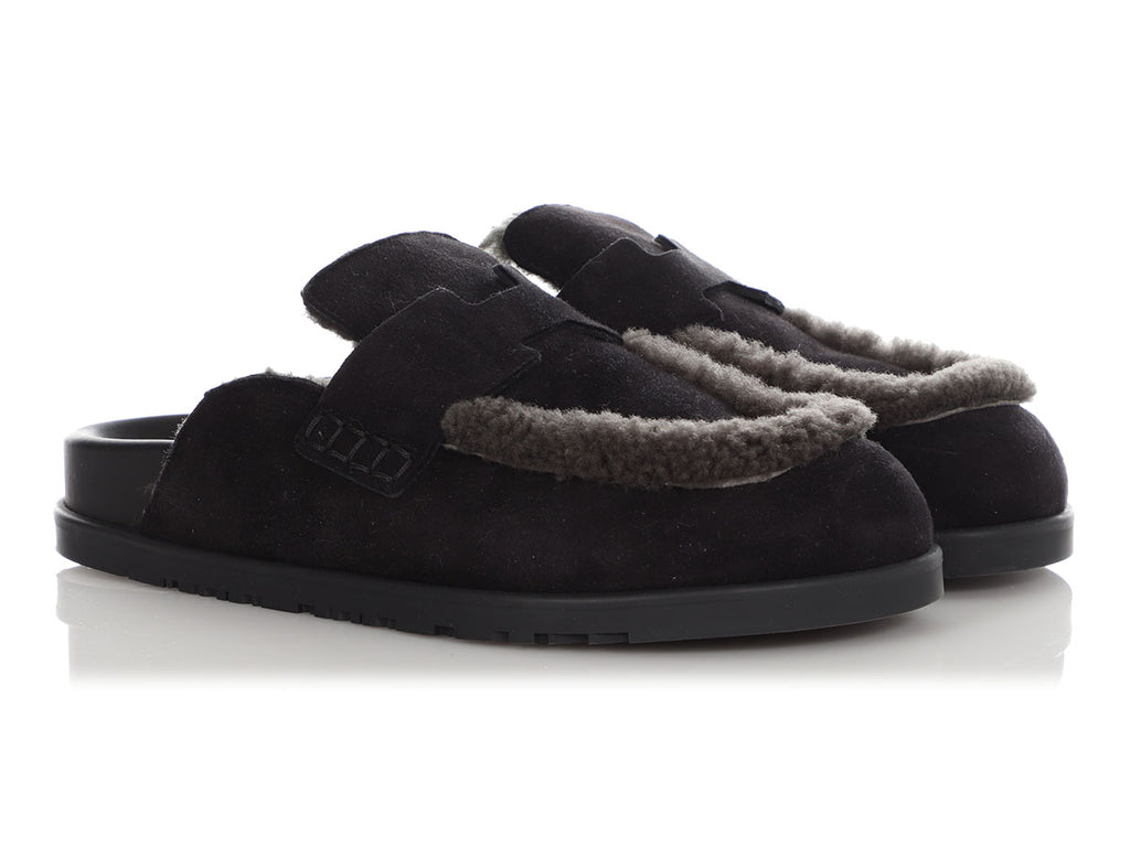 Hermès Black Shearling Go Mules