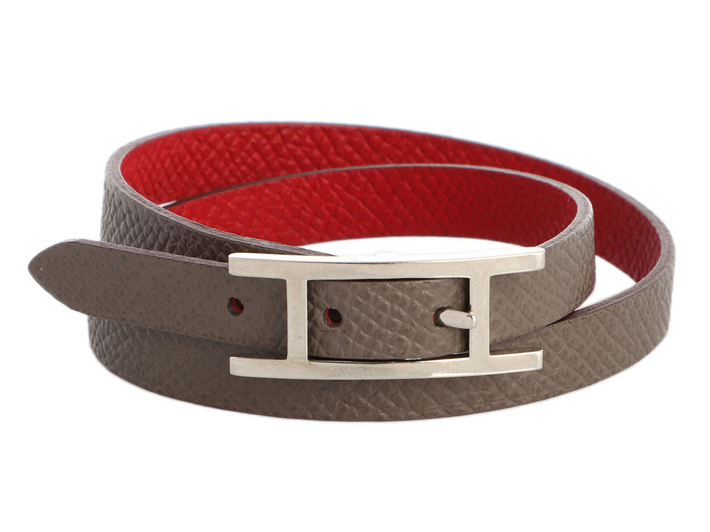 Hermès Gray and Red Epsom Behapi Double Tour Bracelet