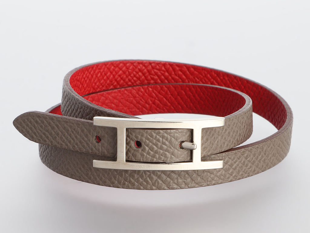 Hermès Gray and Red Epsom Behapi Double Tour Bracelet