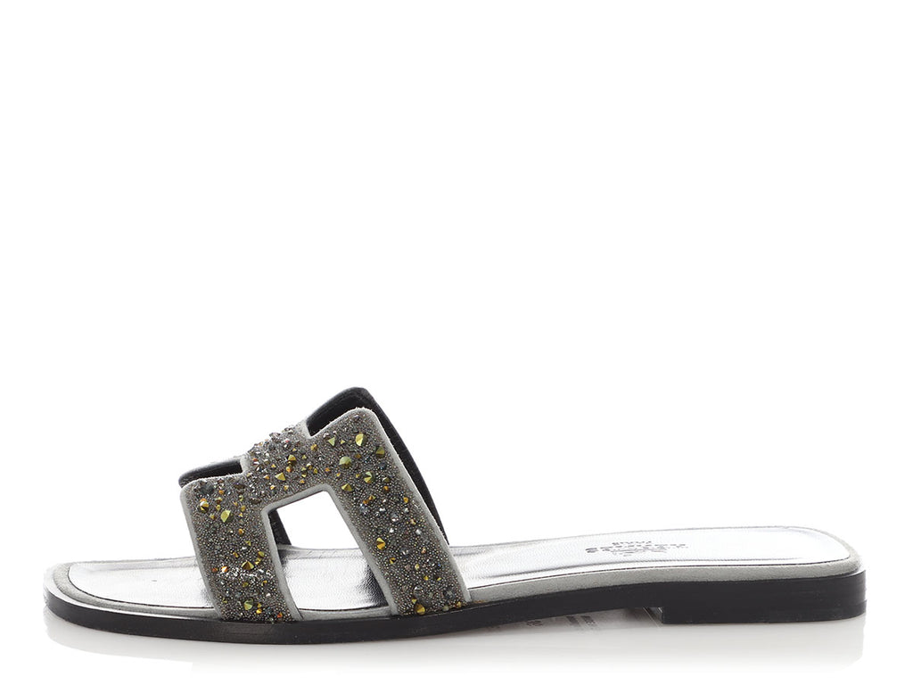 Hermès Gray Crystal Studded Oran Sandals