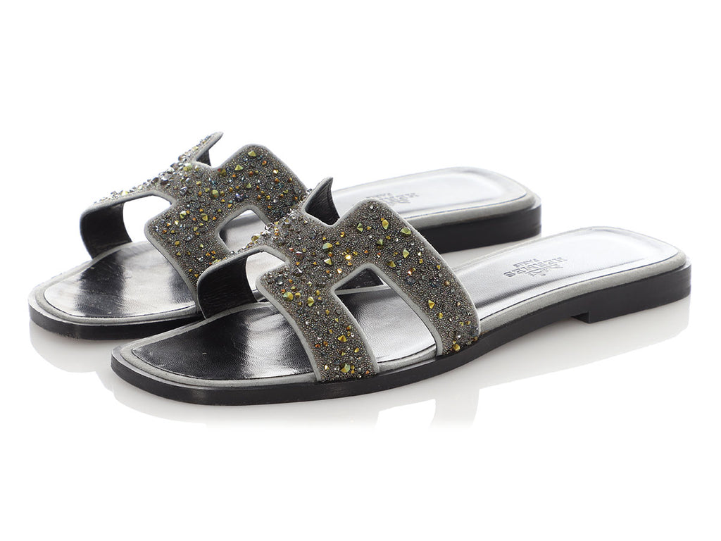 Hermès Gray Crystal Studded Oran Sandals