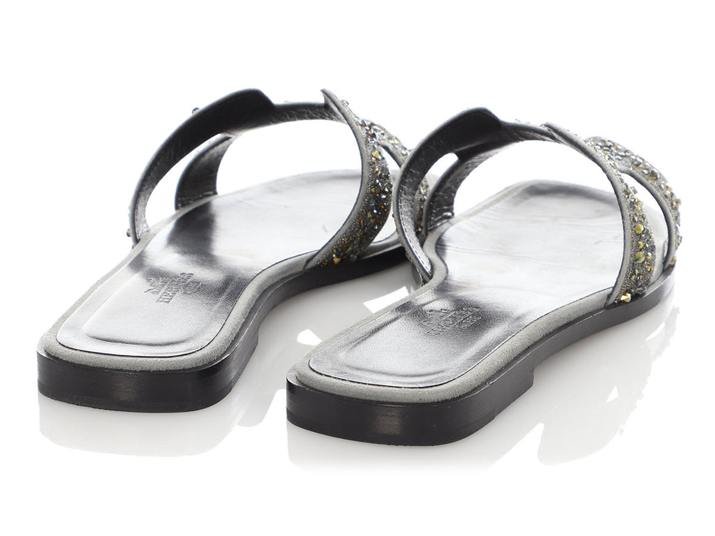 Hermès Gray Crystal Studded Oran Sandals