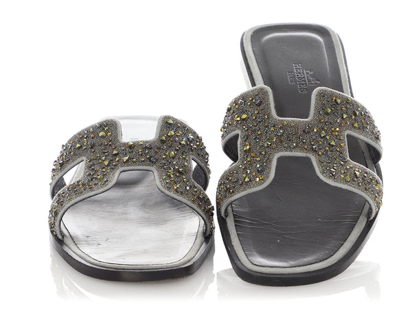 Hermès Gray Crystal Studded Oran Sandals